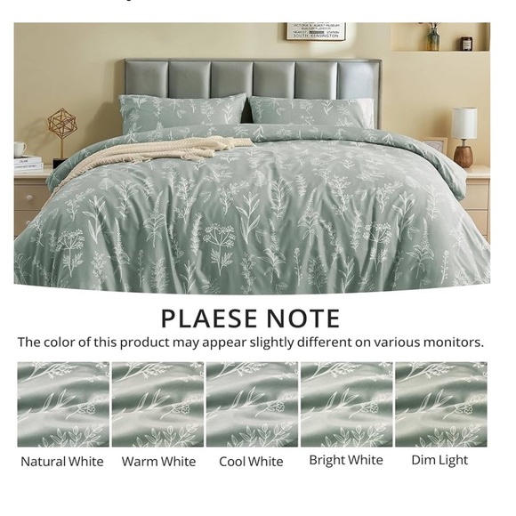 Duvet Cover Full Size, Reversible Floral Green Set Zipper 3 Pieces Botanical - Picture 5 of 5